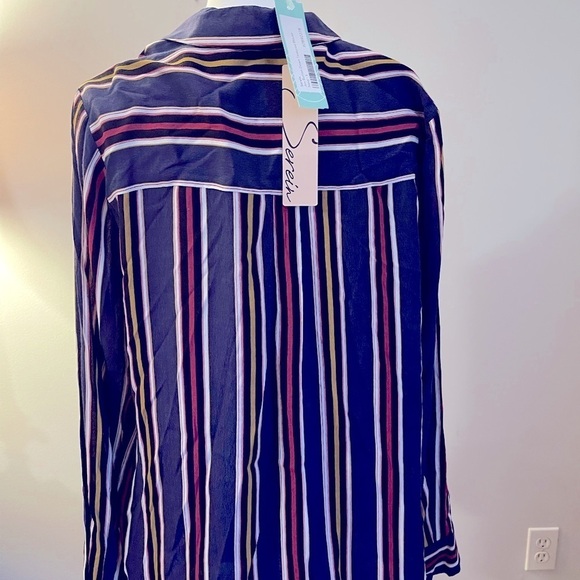 NWT Serein Large Navy Striped Blouse Button Front - Picture 2 of 7